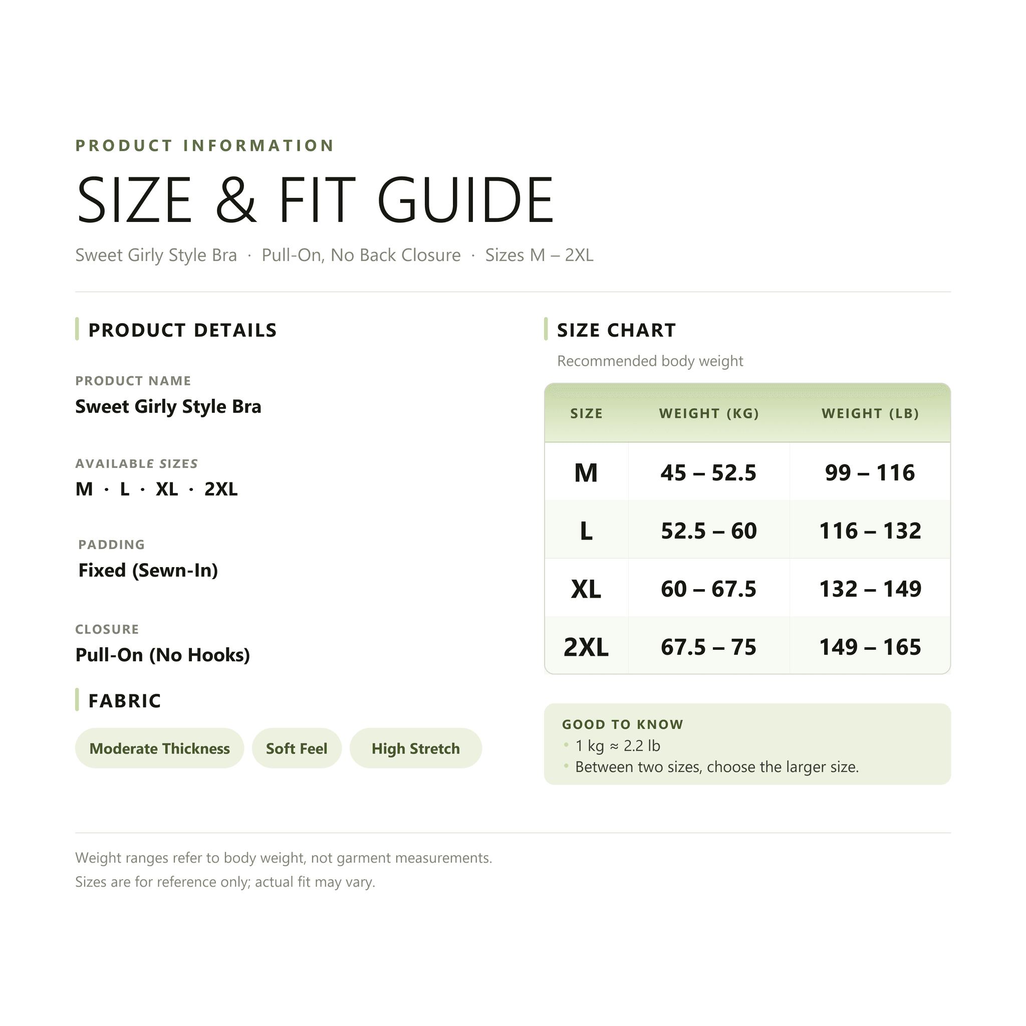 No Clasp Seamless Bra size guide
